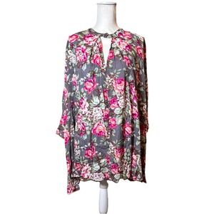 Umgee Floral Boho Tunic Dress Small Gray Pink Keyhole Neck Bell Sleeve
